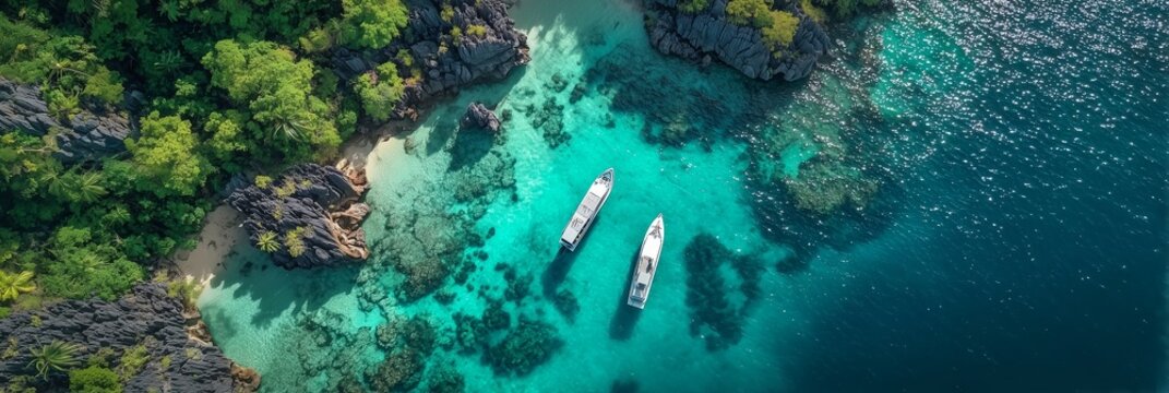 Aerial view of boats in turquoise water beside a tropical rocky coastline