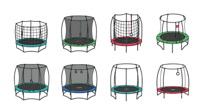 Selection of eight different trampoline designs featuring various colors of safety netting and frames for garden and exercise use.