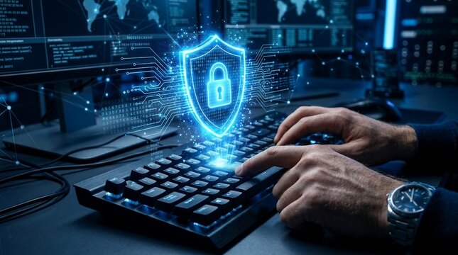 Press enter on computer keyboard with shield cyber lock security system