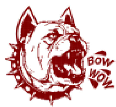 Pixel art head of an angry bulldog. Retro 8-bit vector illustration of a barking dog with bow wow text