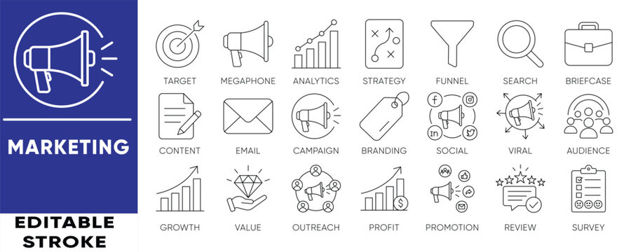Marketing and SEO line icon set. Editable stroke vector icons for digital marketing, strategy, analytics, social media, and branding. Clean and modern design.