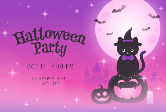cute halloween vector background with a black cat, pumpkins and moon