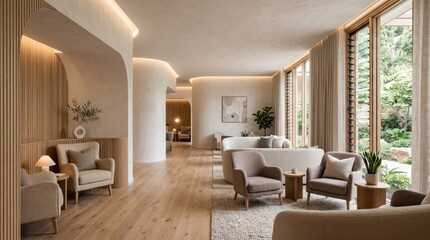 Fototapeta premium Modern luxury lounge interior with curved walls and wooden paneling