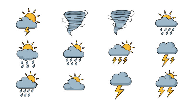 Grid of twelve weather forecast icons depicting different conditions like sun, rain, clouds, and lightning in a consistent flat design style.