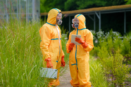 Hazmat suit respirator protective clothing environmental inspection contamination industrial site safety tablet, two workers record data in tall grass during hazardous cleanup survey