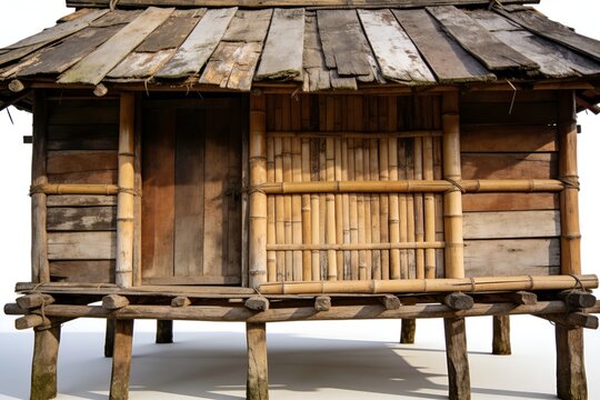 Traditional Stilt House Made of Bamboo and Weathered Wood Isolated on White Background