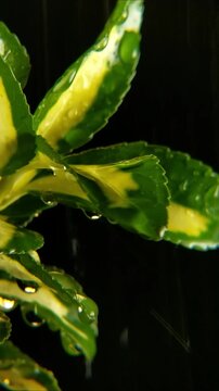 Heavy rain pouring on wet variegated plant foliage Vertical Video 2160p 24fps