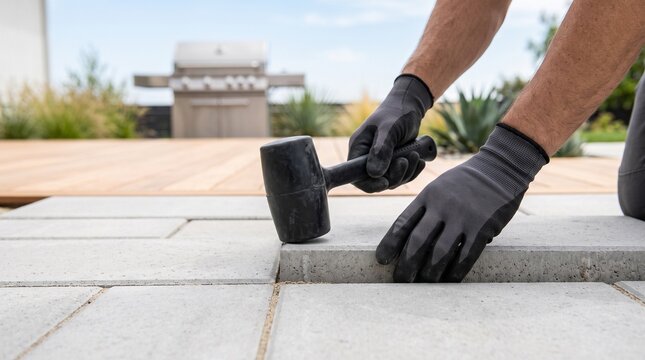 Professional worker laying grey concrete patio slabs wearing protective gloves while using a rubber mallet outdoors with patio installation laying pavers backyard paving masonry tools