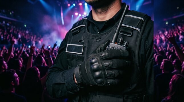 Security guard in tactical vest holding walkie talkie at crowded concert venue with event security stage lights black vest crowd control security personnel bodyguard protection nightclub