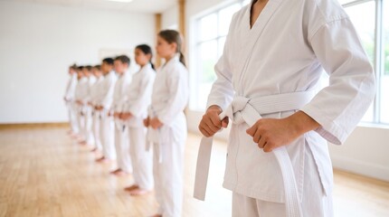 Fototapeta premium Young martial arts student tying a white belt around their waist during a children karate class in a bright sports hall with beginner karate dojo class karate uniform kids sports training ses