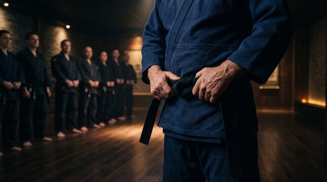 Martial arts master tying a black belt around their waist in a traditional dojo with students standing in the background martial artist blue gi karate master judo master combat sports