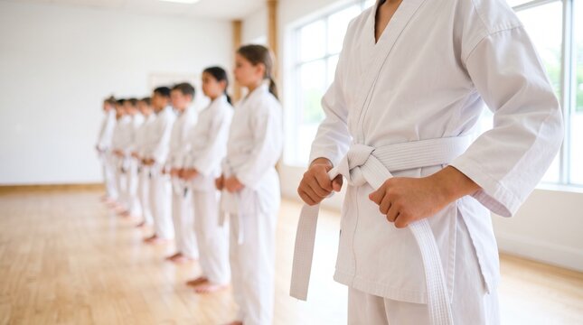 Young martial arts student tying a white belt around their waist during a children karate class in a bright sports hall with beginner karate dojo class karate uniform kids sports training ses