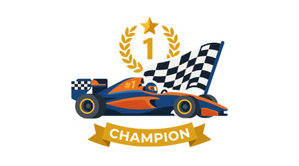 Fototapeta premium Racing Champion Car with Checkered Flag and Laurel Wreath