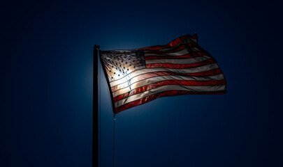 American flag moves through strong wind. Patriotic outdoors scene shows American flag. Liberty...