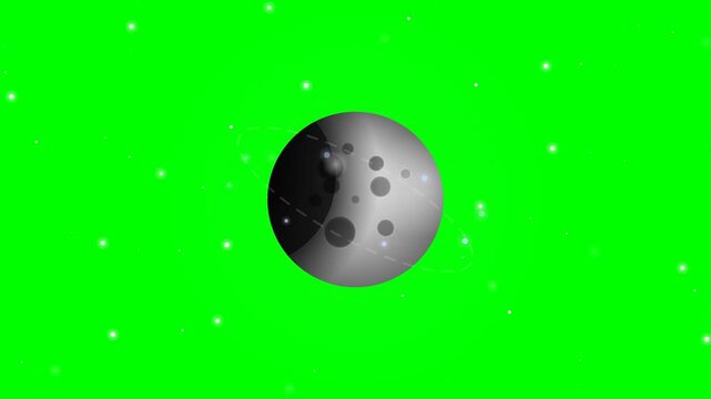 Rotating Gray Cratered Planet with Rings and Floating Stars on Green Screen