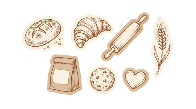 Hand drawn bakery elements set with bread croissant rolling pin wheat cookie and paper bag isolated on transparent background
