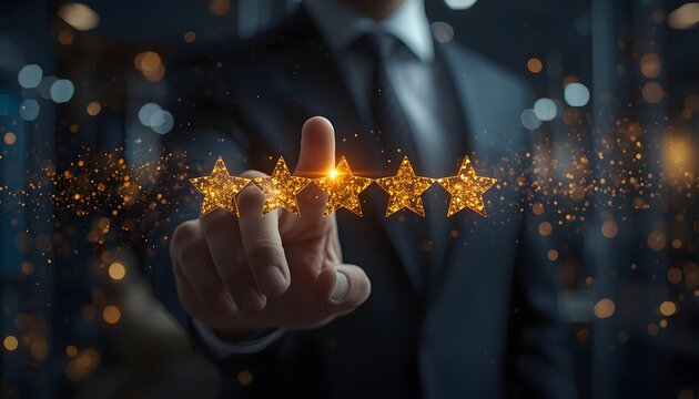 Businessman touching five star rating hologram for customer experience and service quality