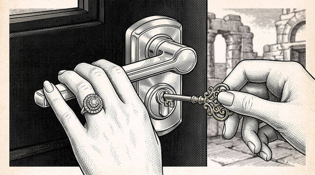 Detailed engraving of hands turning a door handle and inserting an ornate key into a lock