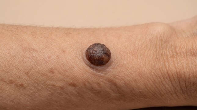 Close up of suspicious dark raised mole melanoma or seborrheic keratosis nodule on skin