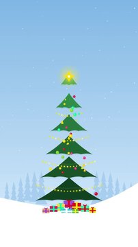 Christmas tree with colorful ornaments and gift boxes in snowy landscape