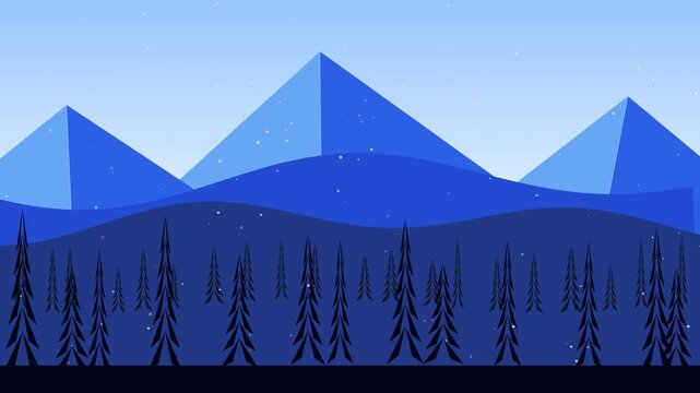 Minimalist mountain landscape with pine trees and snowfall