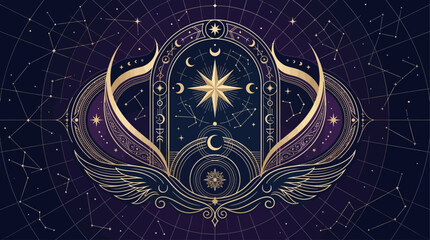 Mystical Celestial Gateway Illustration with Golden Star, Crescent Moons and Cosmic Constellations on Deep Purple Background © Restu