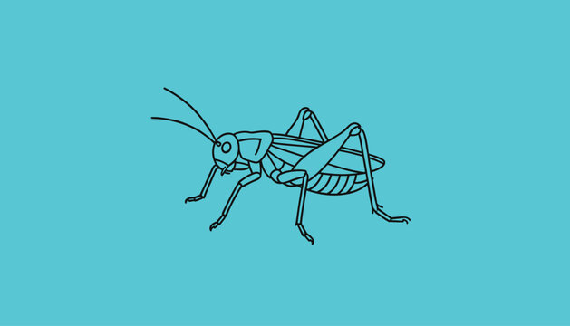 Simple black outline vector illustration of a grasshopper insect perched and isolated on a solid bright blue background.