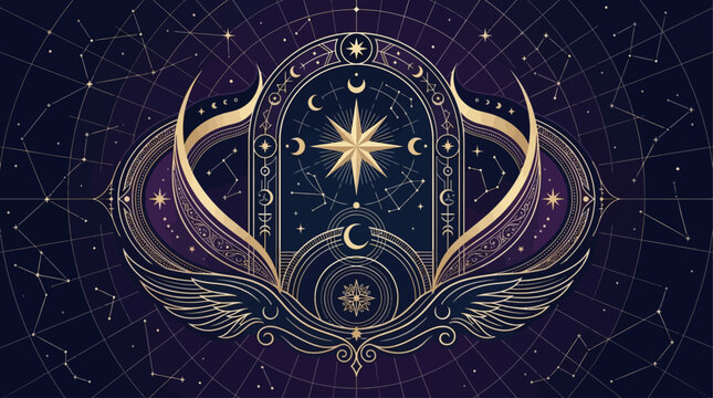Mystical Celestial Gateway Illustration with Golden Star, Crescent Moons and Cosmic Constellations on Deep Purple Background
