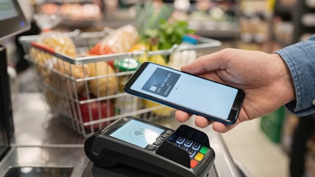 Instant Payment with NFC Smartphone at Grocery Checkout Counter