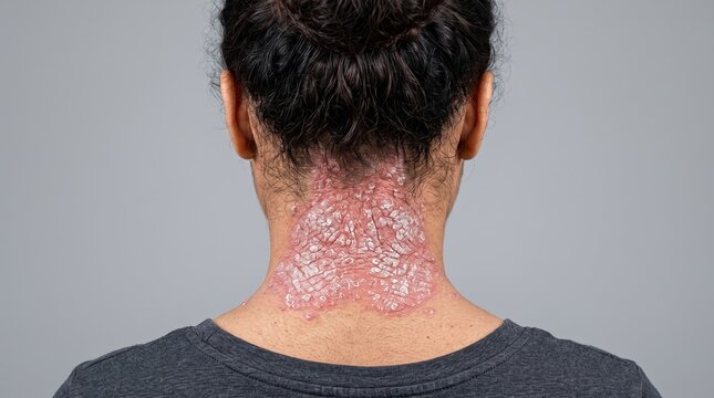Back of Neck of African American Woman with Severe Plaque Psoriasis Skin Condition