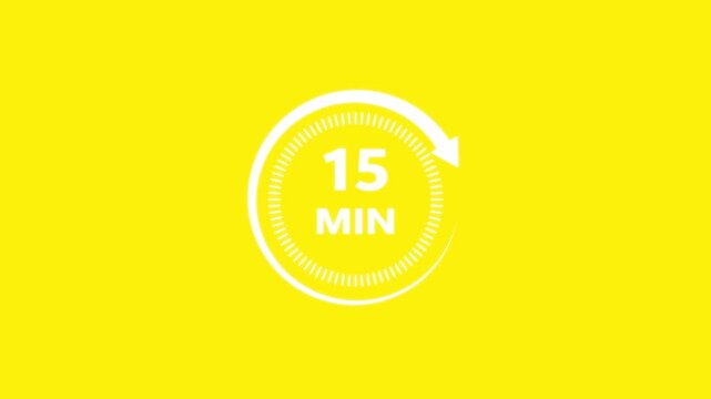 Abstract clock white icon animation. Circle clock 15 minutes icon Digital and analogy clock 15 minutes isolated on yellow background. and creating a stunning 4k video. 