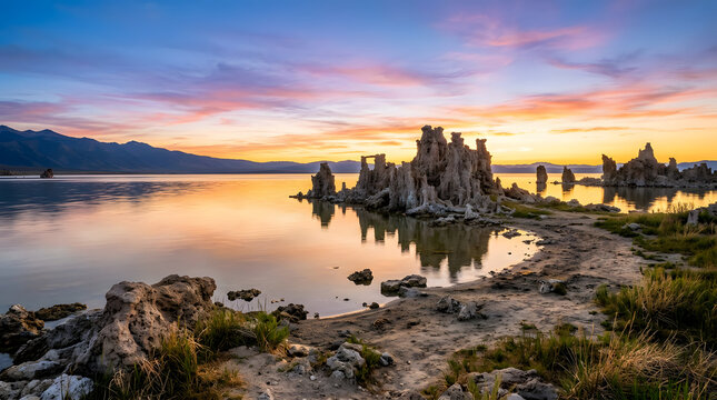 Serene Sunset Over Mono Lake with Unique Tufa Formations