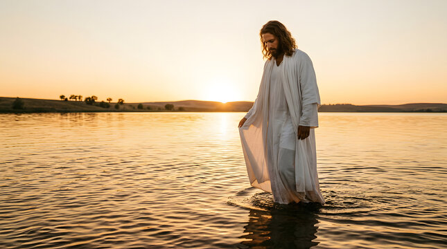 Serene Woman Walking in Water at Sunset During Spiritual Ritual