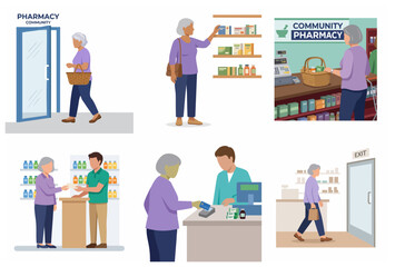 Fototapeta premium Senior Elderly Woman Shopping for Medication at Community Pharmacy Vector Illustration Set