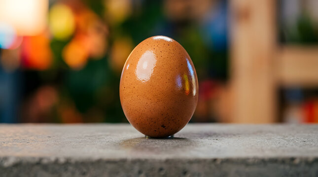 Single Raw Egg on Wooden Surface with Colorful Background