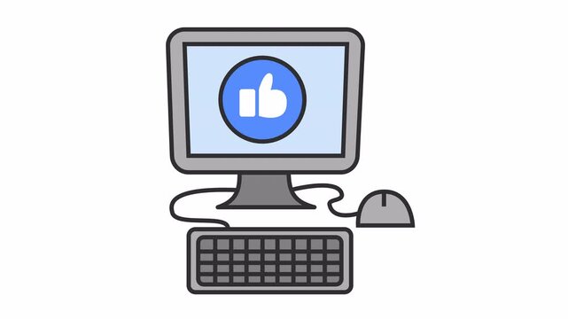 Desktop computer with blue thumbs up like icon cartoon animation for social media feedback symbol and digital marketing element concept isolated on an alpha channel.