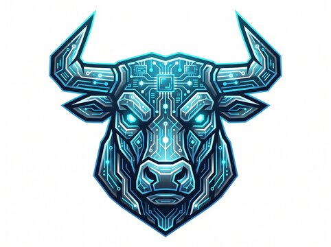 Cyber tech bull head logo design with circuit patterns for gaming and technology branding, vector isolated on white
