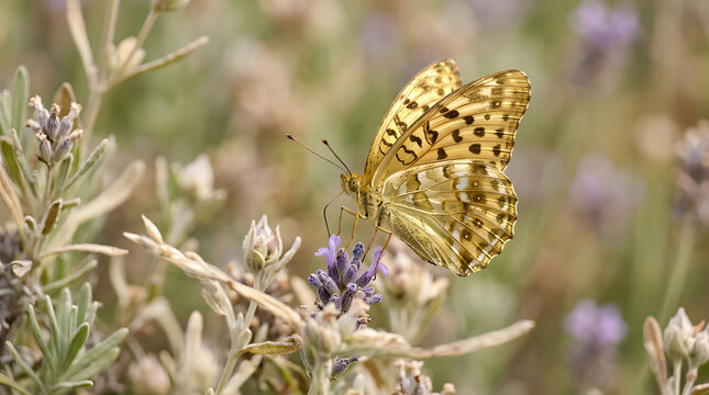 Yellow butterfly perched on lavender flower in natural meadow