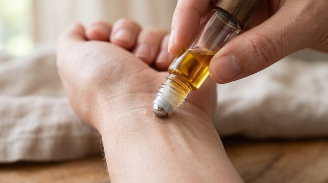 Person applying aromatic essential oil from a small glass roller bottle