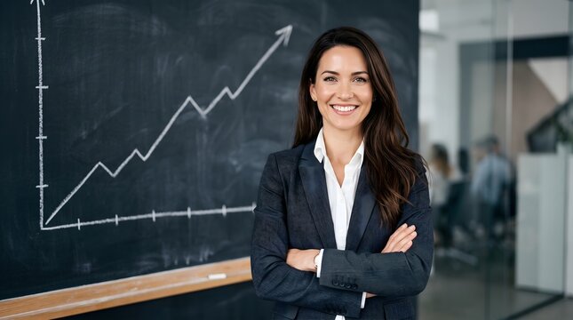 Smiling professional businesswoman standing with arms crossed in front of a chalkboard with a rising growth graph for successful financial leadership and business profit concept.