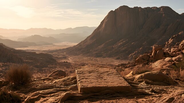 Ancient stone tablet resting on desert sand with majestic mountain landscape in the background
