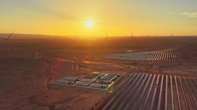 Energy storage station at sunset, new energy, shared power energy, solar photovoltaic power plant