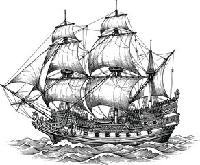 Vintage vintage hand drawn sailing ship tall vessel on ocean waves engraving vector illustrationVintage vintage hand drawn sailing ship tall vessel on ocean waves engraving vector illustration © Md