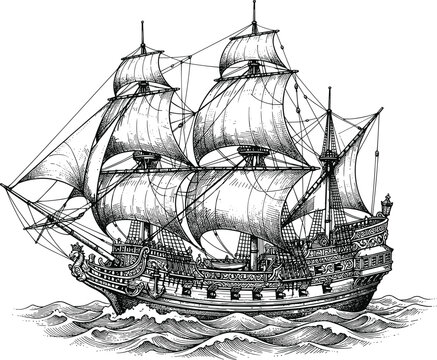 Vintage vintage hand drawn sailing ship tall vessel on ocean waves engraving vector illustrationVintage vintage hand drawn sailing ship tall vessel on ocean waves engraving vector illustration