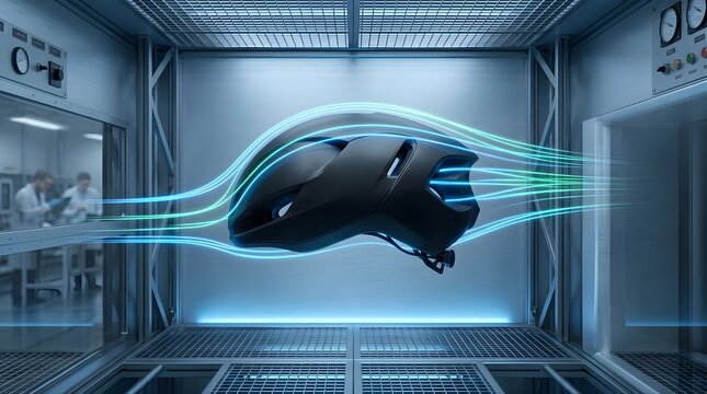 Black bicycle helmet in wind tunnel testing aerodynamics with blue flow
