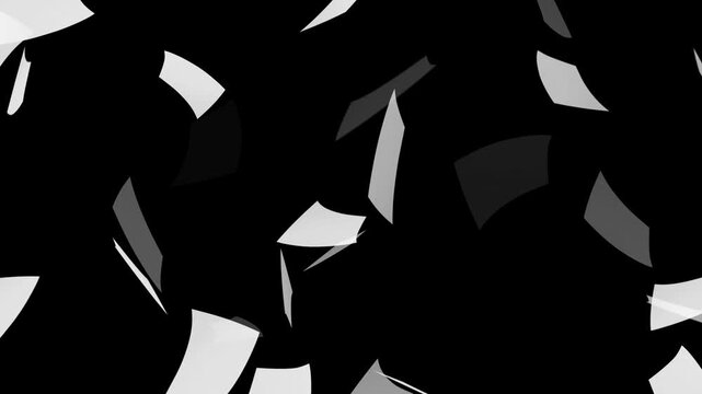 White paper falling from above overlay, black background. Blank paper sheets falling down with luma matte, paper sheets flying and explosion effect. White papers falling down on black background.