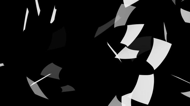 White paper falling from above overlay, black background. Blank paper sheets falling down with luma matte, paper sheets flying and explosion effect. White papers falling down on black background.