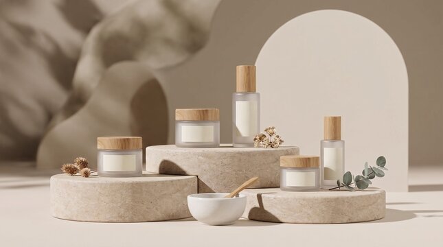 Cosmetic cream jars and lotion bottles on stone podiums for natural skincare product display