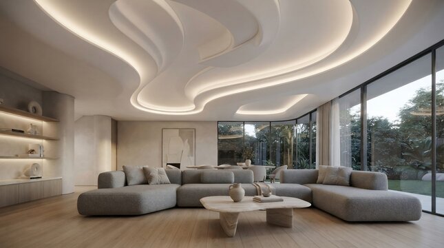 Modern living room with organic ceiling design and large windows