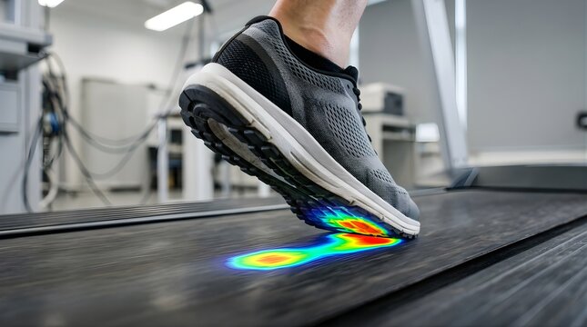 Close-up of a runner foot on a treadmill showing pressure point analysis